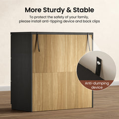 Two black straps hang from the cabinet back beside an inset showing a strap fastened to a wall