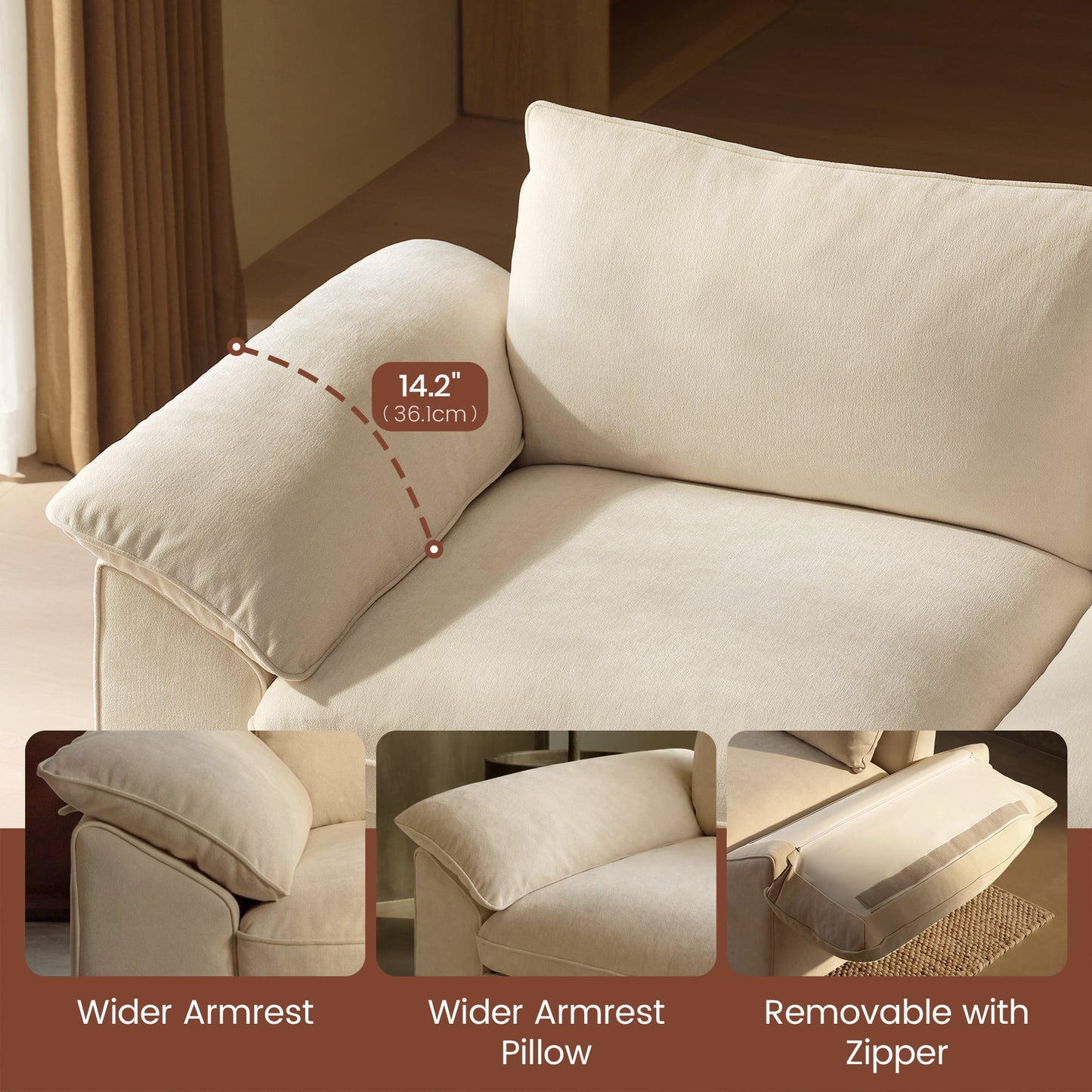 Dreamboat Modular Chenille Loveseat Sofa with Wide Arms,Beige