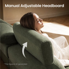 Woman reclines against the raised adjustable headrest of a green sofa.