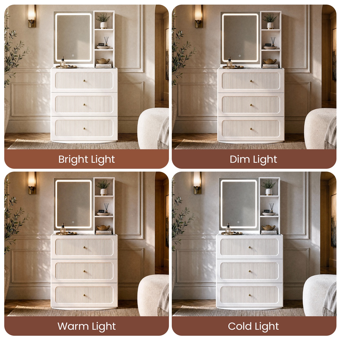 FlexMod 31.5" Modular Fluted 3-Drawer Vanity Dresser with 3-Color LED Mirror & Side Shelves