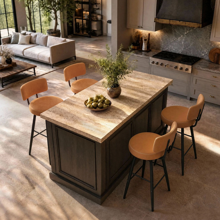 Large wood kitchen island with four orange chairs in a warmly lit kitchen