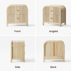 Four views show a light wood cabinet with an arched top, two fluted doors, short legs, and small round pulls
