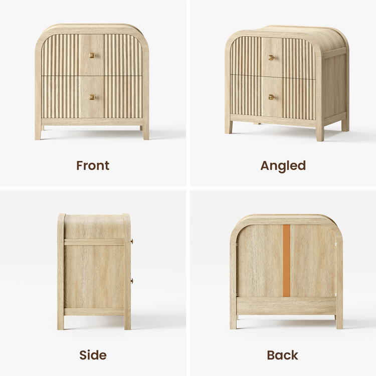 Four views show a light wood cabinet with an arched top, two fluted doors, short legs, and small round pulls