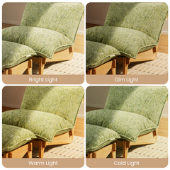 Four-panel comparison of a green textured upholstered chair and matching footstool, labeled Bright Light, Dim Light, Warm Light and Cold Light.