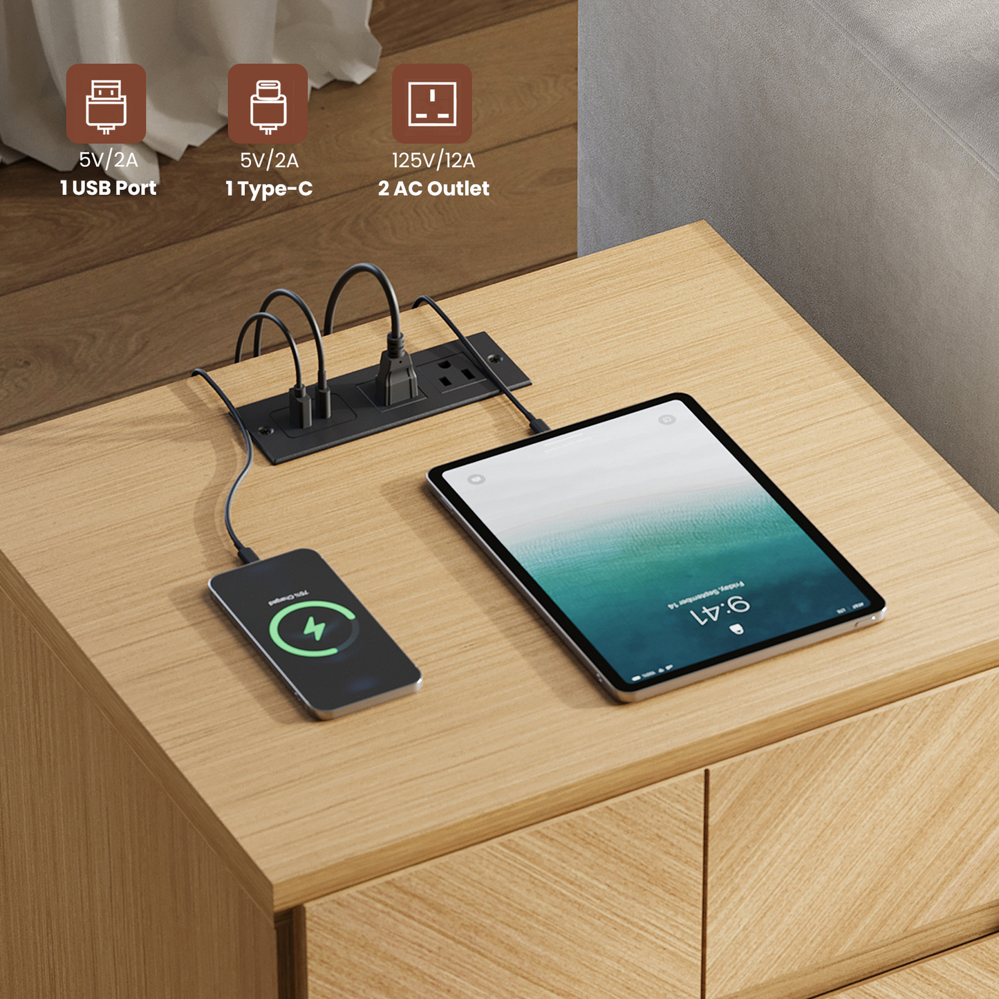 Galileo 23.5" Wood Night Stand with Charging Station Natural Oak