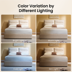 Four panels show the same upholstered bed under different lighting, Labels identify bright, warm, cold, and dim light