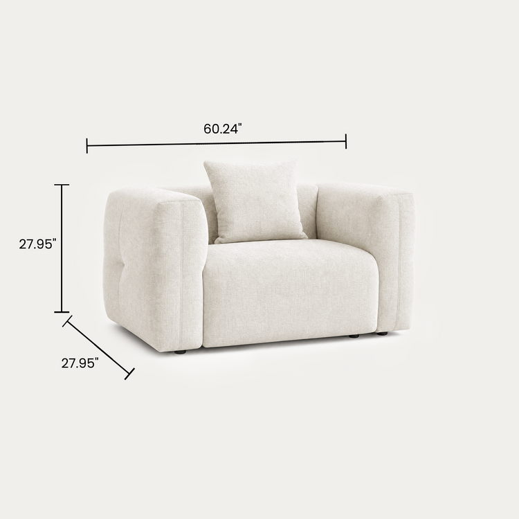 Dimension graphic of a cream upholstered armchair with three labeled measurements.