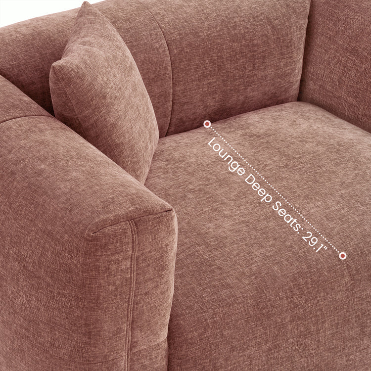 Close-up of a reddish-brown upholstered seat with a labeled lounge-depth dimension.