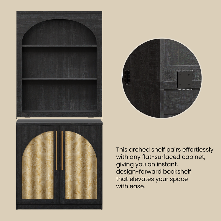 [Pre-Sale] Harmo Block 70" Arched Bookcase with Doors,  Hall Tree & Entryway Cabinet, Black&Burl Wood