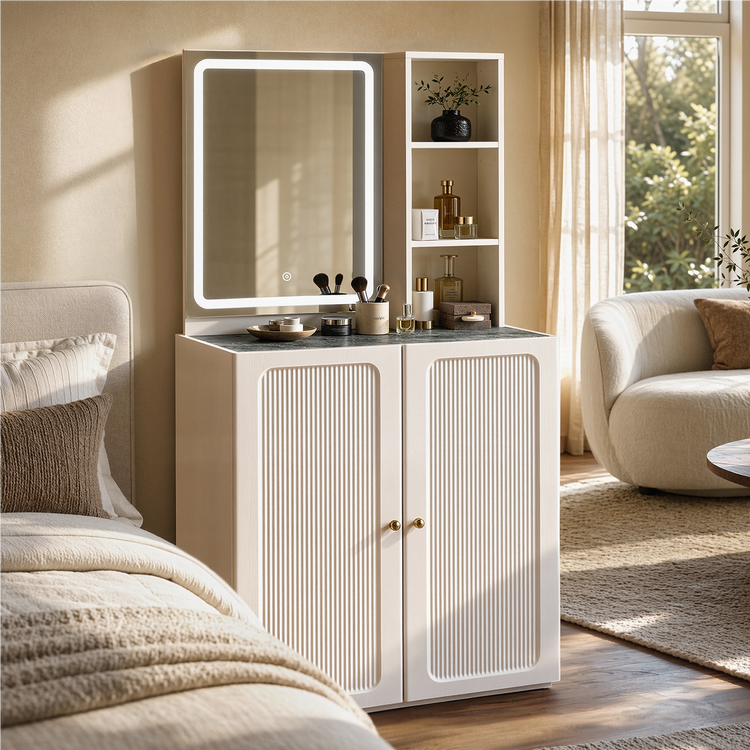 Illuminated mirror stands above a white two-door cabinet, Three open shelves hold bottles and a vase