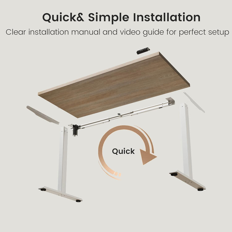 An exploded desk view separates the desktop, two leg assemblies, crossbar, lift parts, and small trim pieces