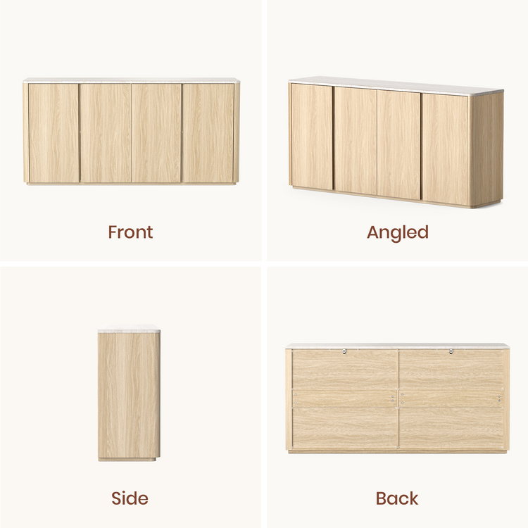 Four views show a long pale wood sideboard with four plain doors and a rectangular profile