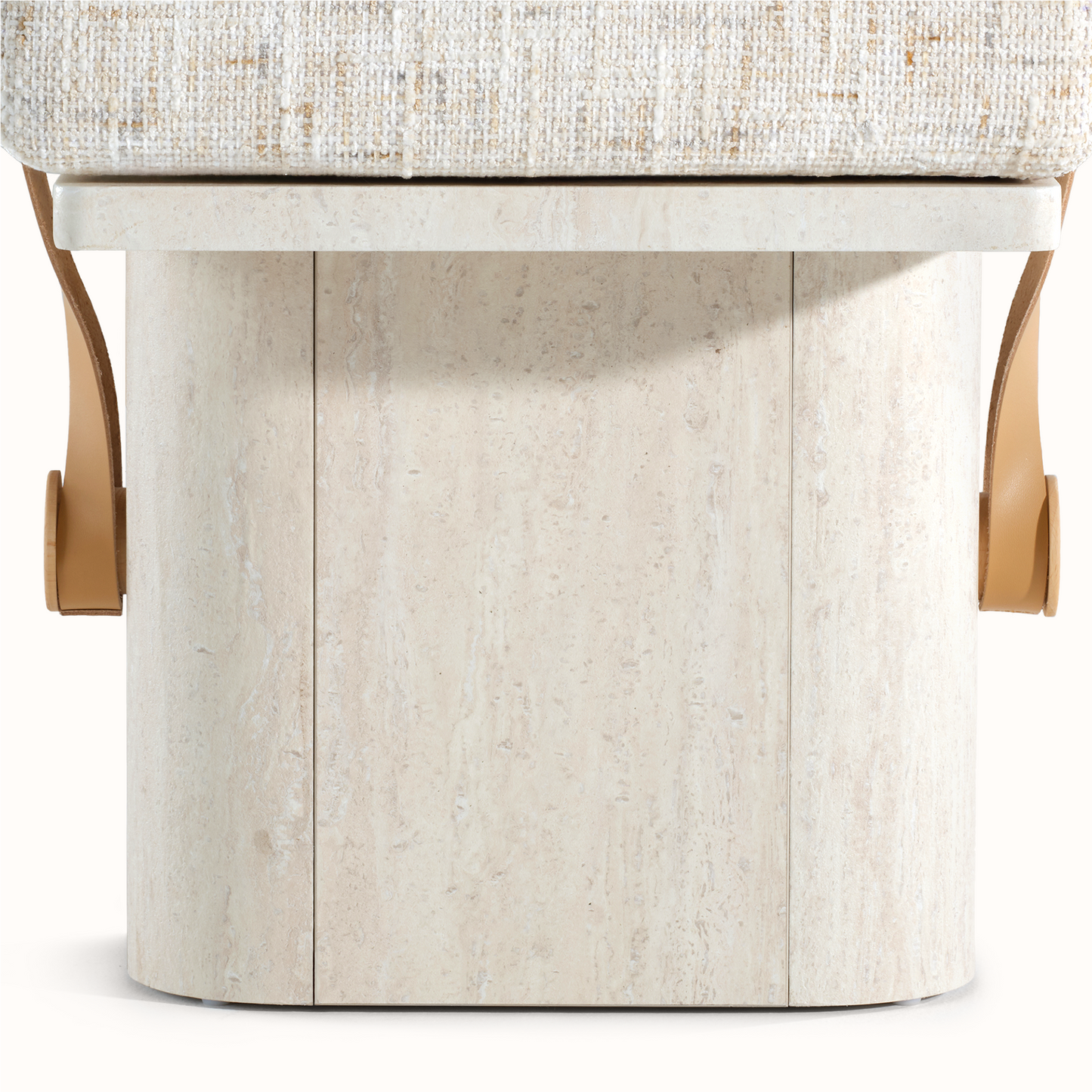 Freya Upholstered Bench, Sandstone Beige – Faux Travertine Base & Leather Accents