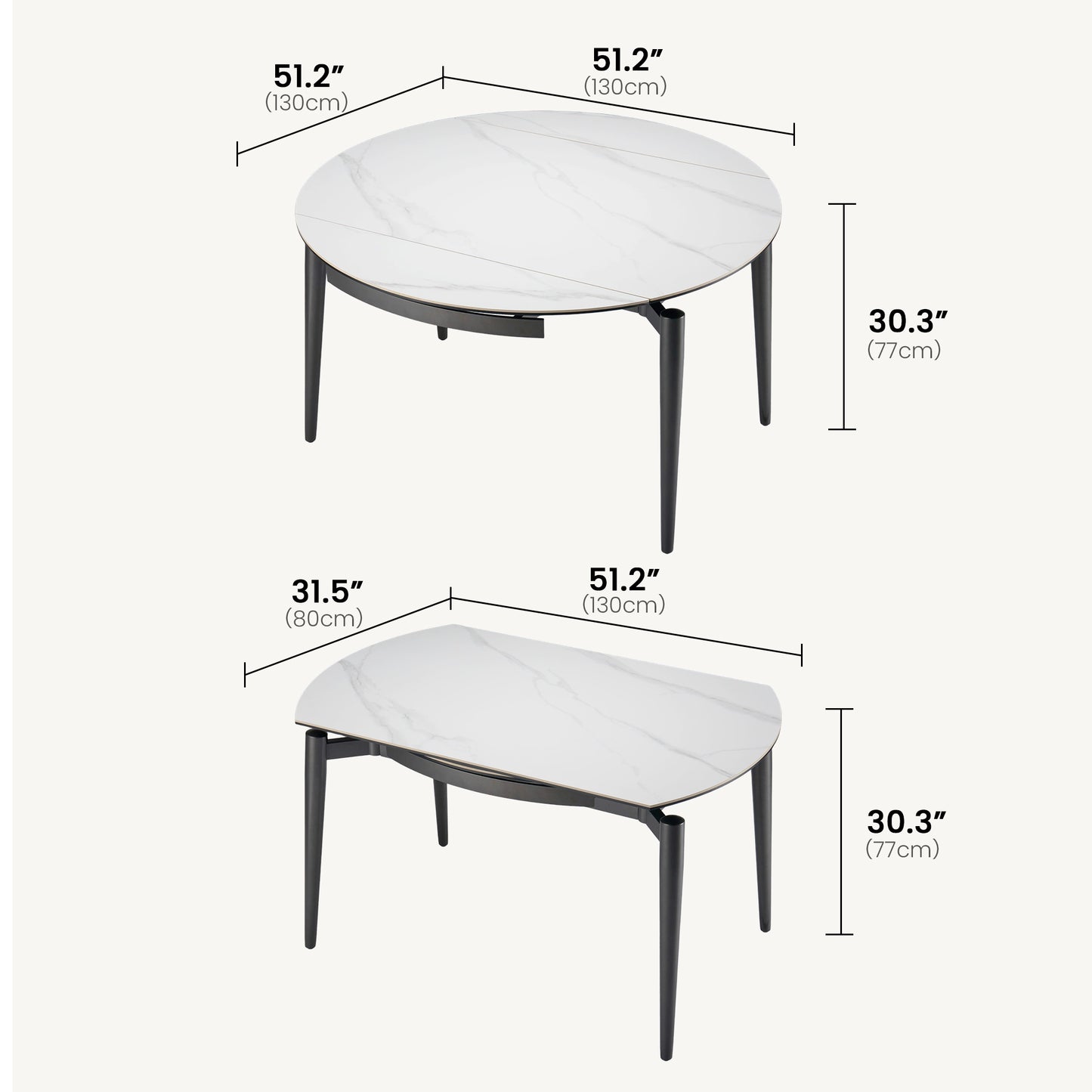 51.2" Round Sintered Stone Extendable Dining Table, Seats 4–6