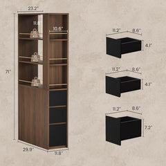 Cabinet height is 71 in, width is 29.9 in, and depth is 11.8 in, Dark cabinet, black drawers