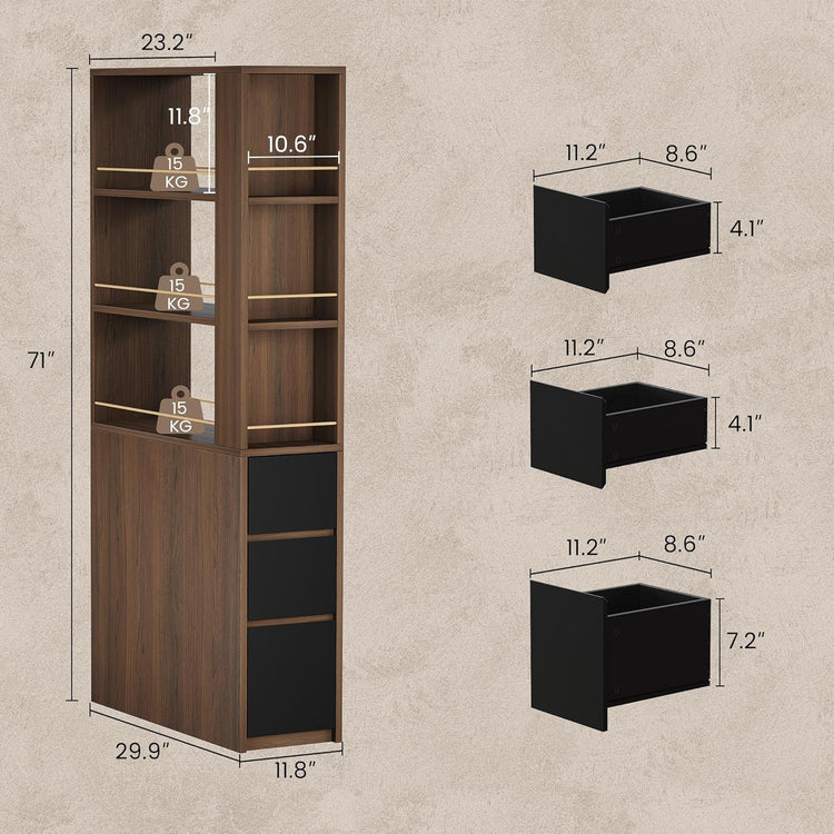 Cabinet height is 71 in, width is 29.9 in, and depth is 11.8 in, Dark cabinet, black drawers
