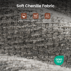 Close-up of folded gray fabric with a fuzzy, raised woven texture, overlaid with a heading, three labeled feature icons and a green OEKO TEX logo.