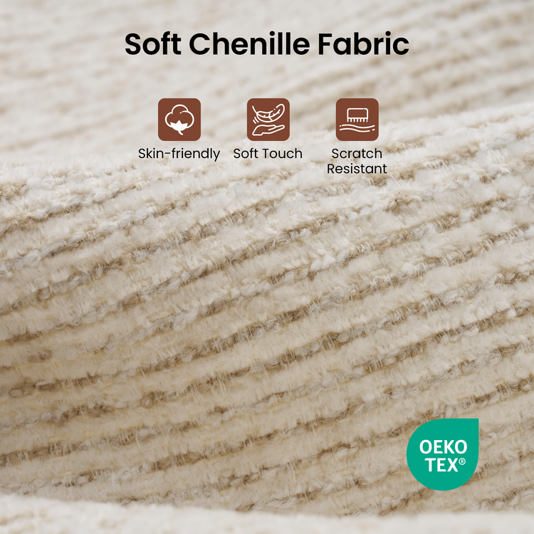 Close-up of cream-colored fabric with raised, fuzzy rows, overlaid with three labeled feature icons and a green OEKO TEX mark.