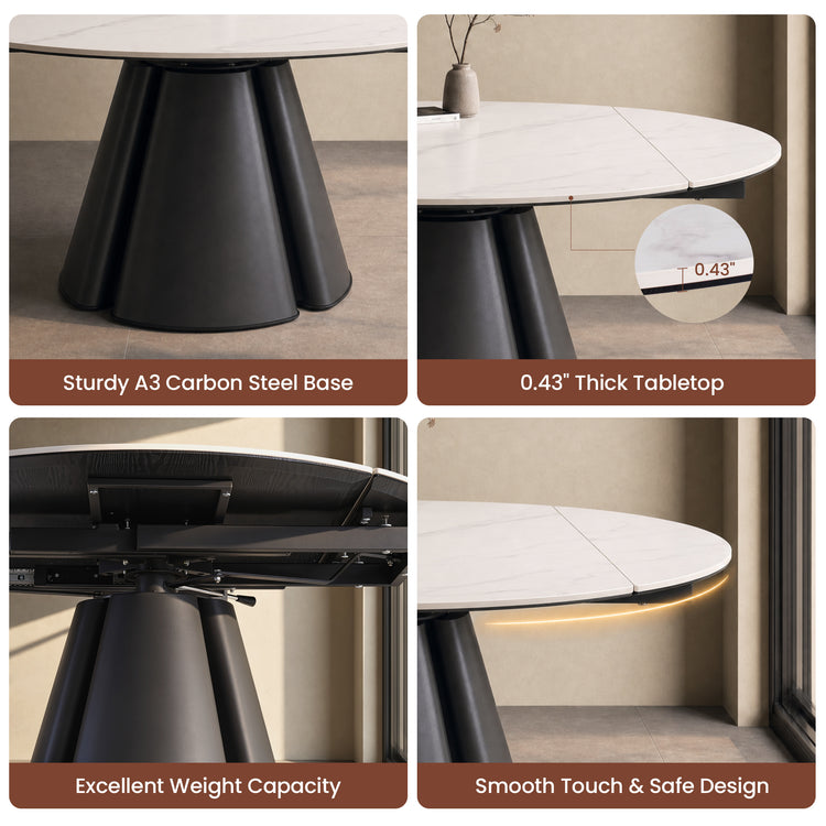 51.18" Round Extendable Dining Table, Modern Glossy Sintered Stone Kitchen Table