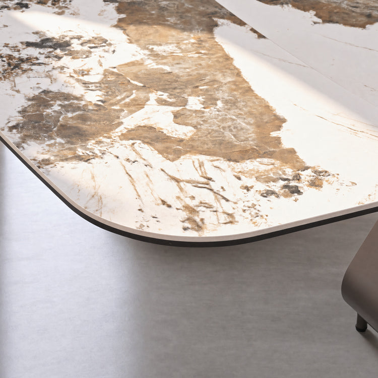 70.9"-102.4" Extendable Dining Table, Pandora Glossy Sintered Stone Modern Kitchen Table with Ribbon Loop Base