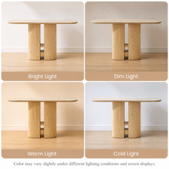 Wood console table shown under bright, dim, warm, and cold lighting.
