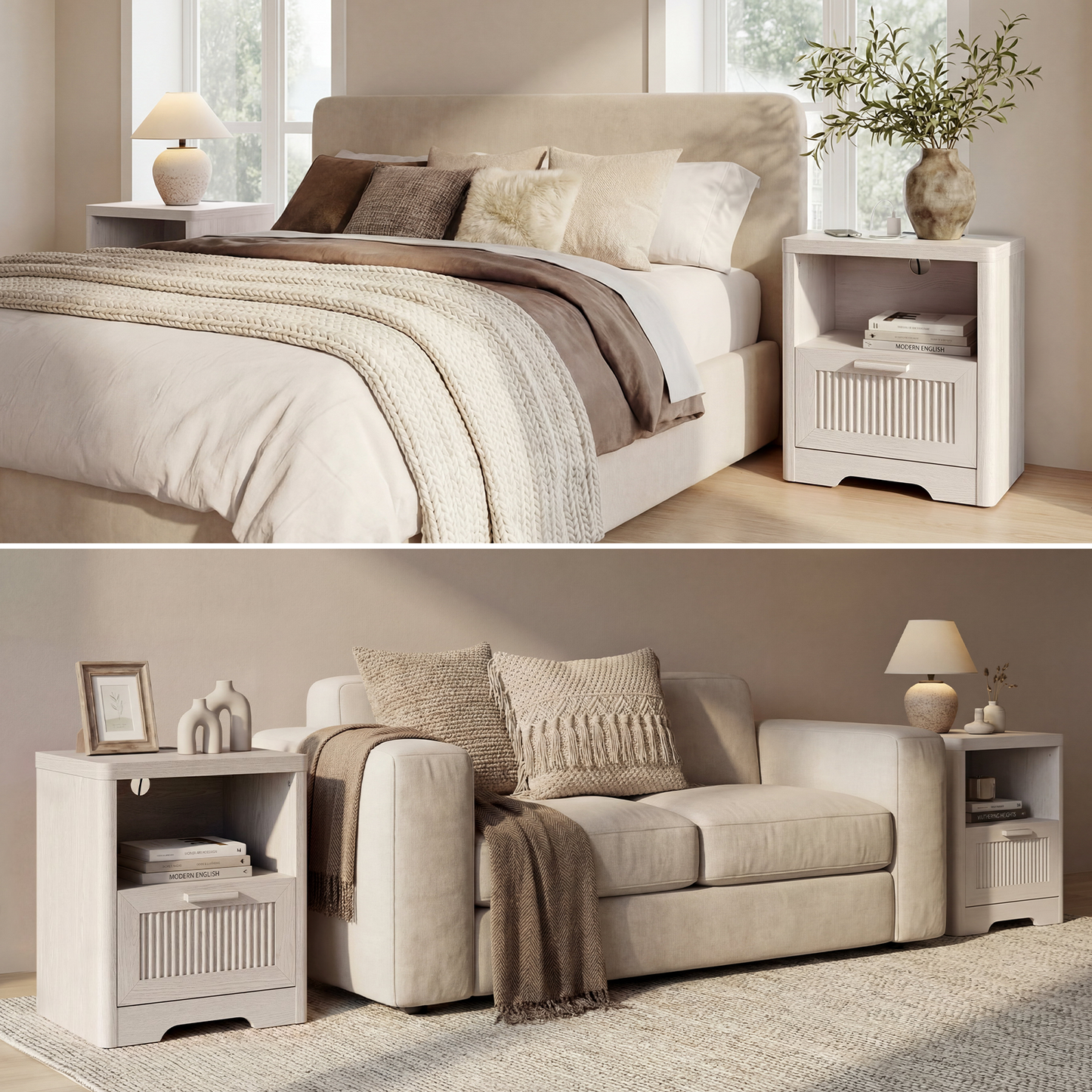[Pre-Sale] Lira 22.8" Fluted Wood Nightstands with Charging Station, Set of 2