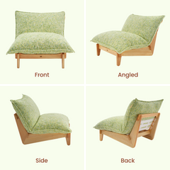 Four views of a low armless chair with a light brown frame, plump green and yellow textured seat and back cushions, and white support straps visible at the back.