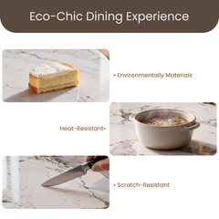 Collage showing a frosted cake slice, a steaming pot of food, and a hand holding a knife against a white surface with gray and brown veining.