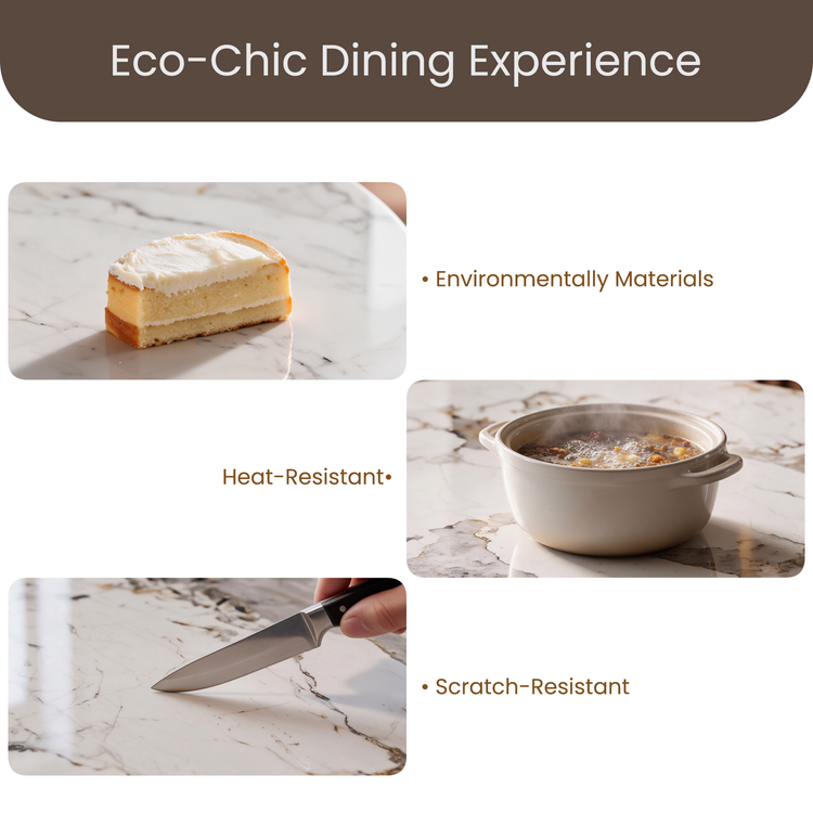 Collage showing a frosted cake slice, a steaming pot of food, and a hand holding a knife against a white surface with gray and brown veining.