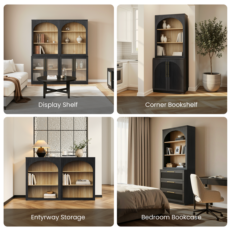 Four panels stage dark-framed, wood-lined storage units as display, corner, entryway, and bedroom furniture