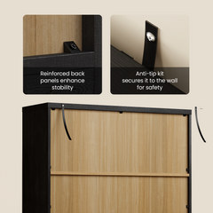 A cabinet rear is shown with attached straps and enlarged hardware details