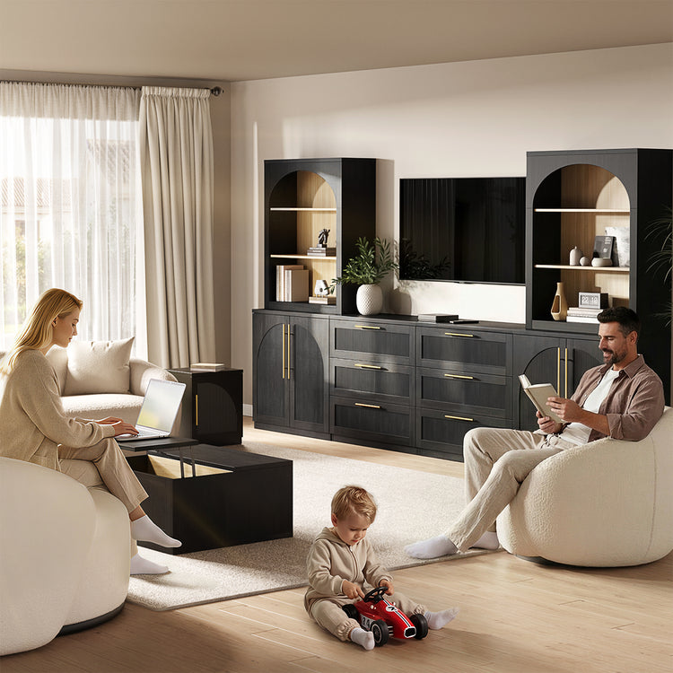 A dark storage wall unit frames a television between two arched shelving towers in a family living room