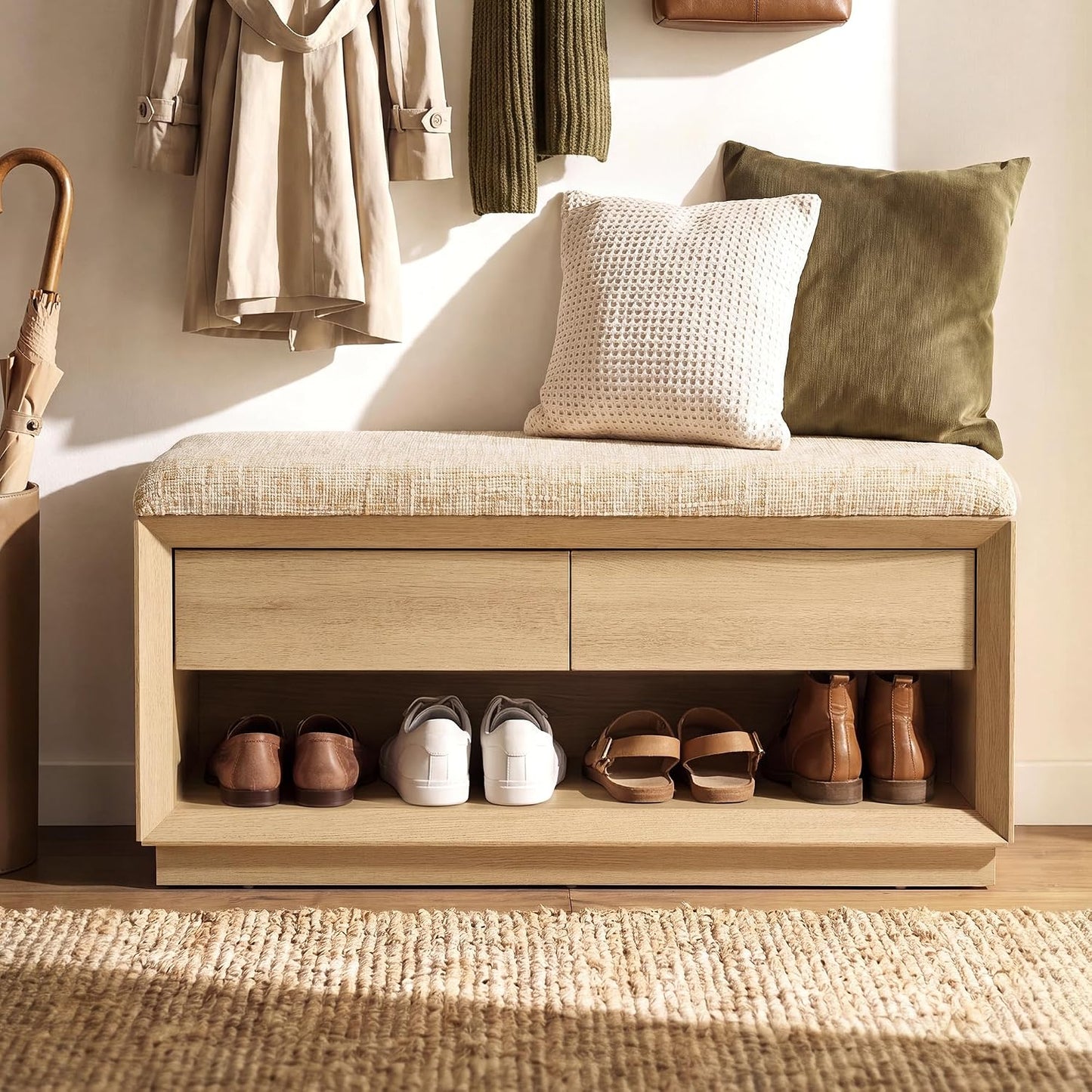 Shoe storage bench shown in an entryway