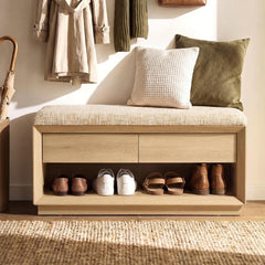 Shoe storage bench shown in an entryway