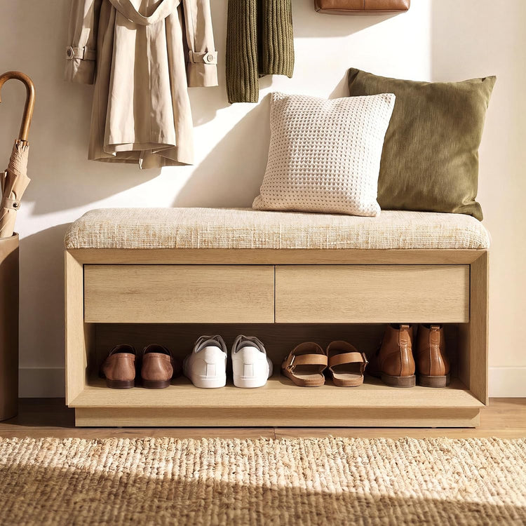 Shoe storage bench shown in an entryway