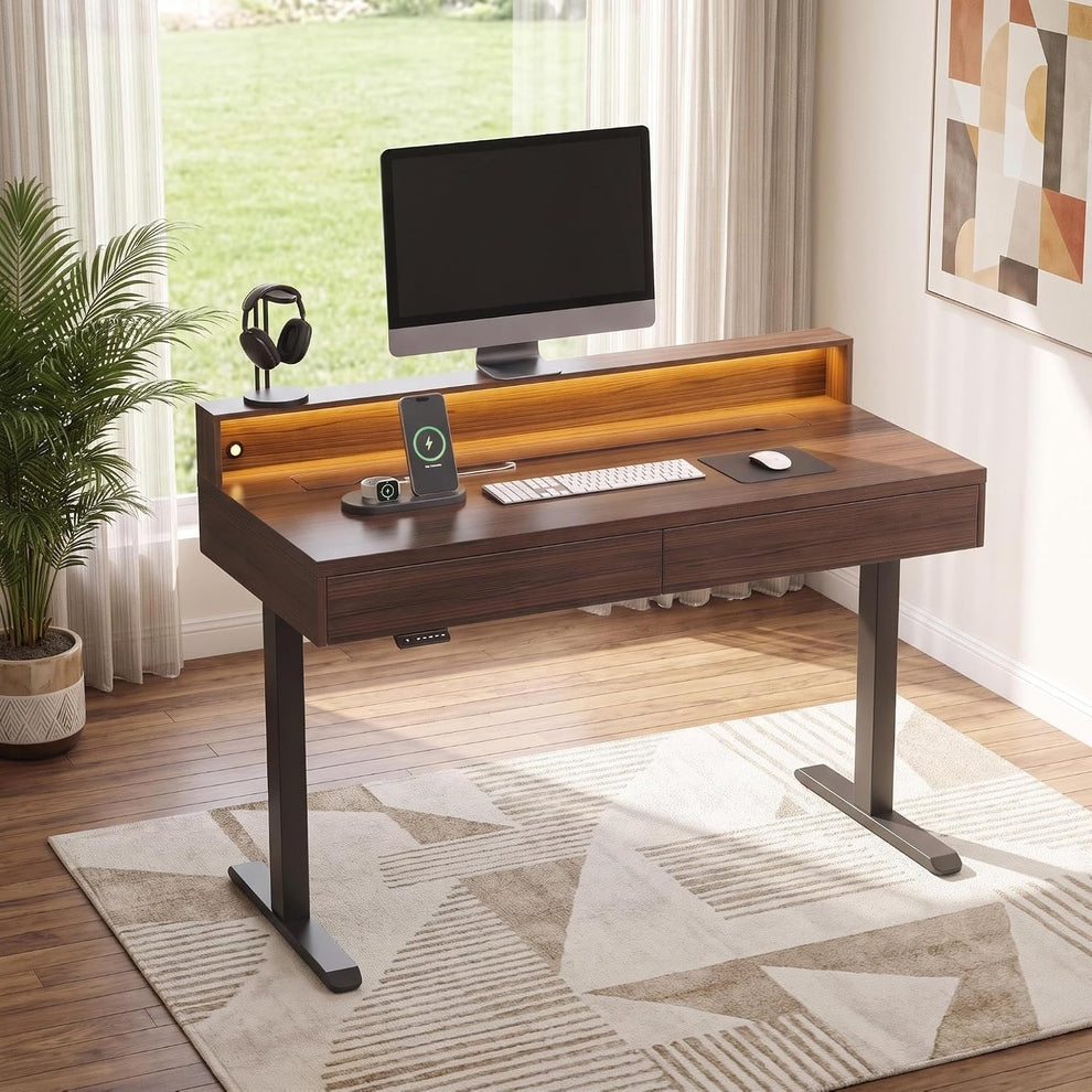 55" Stand Up Desk with Drawers, Flip-Top Hidden Storage, Height Adjustable Desk