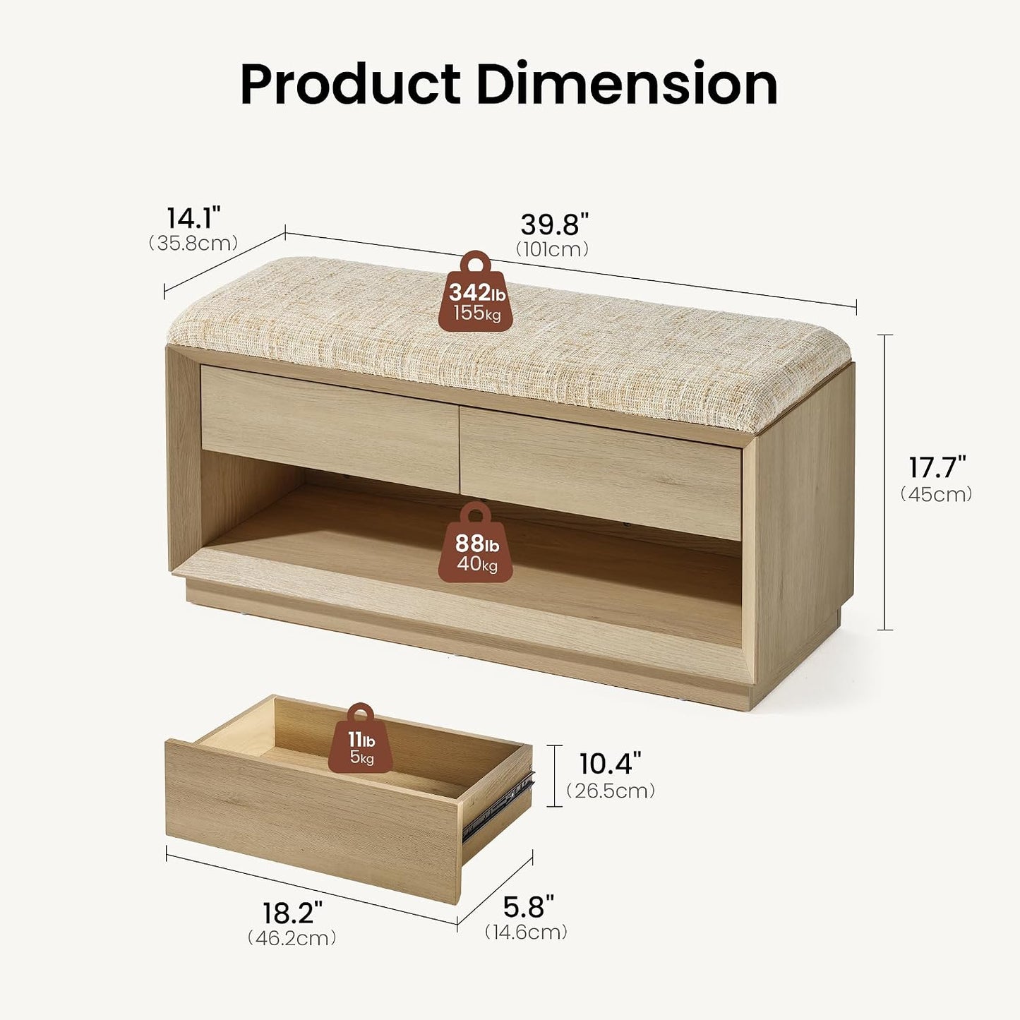 Arlo 40" Wood Shoe Storage Bench, Modern Entryway Bench with Cushion
