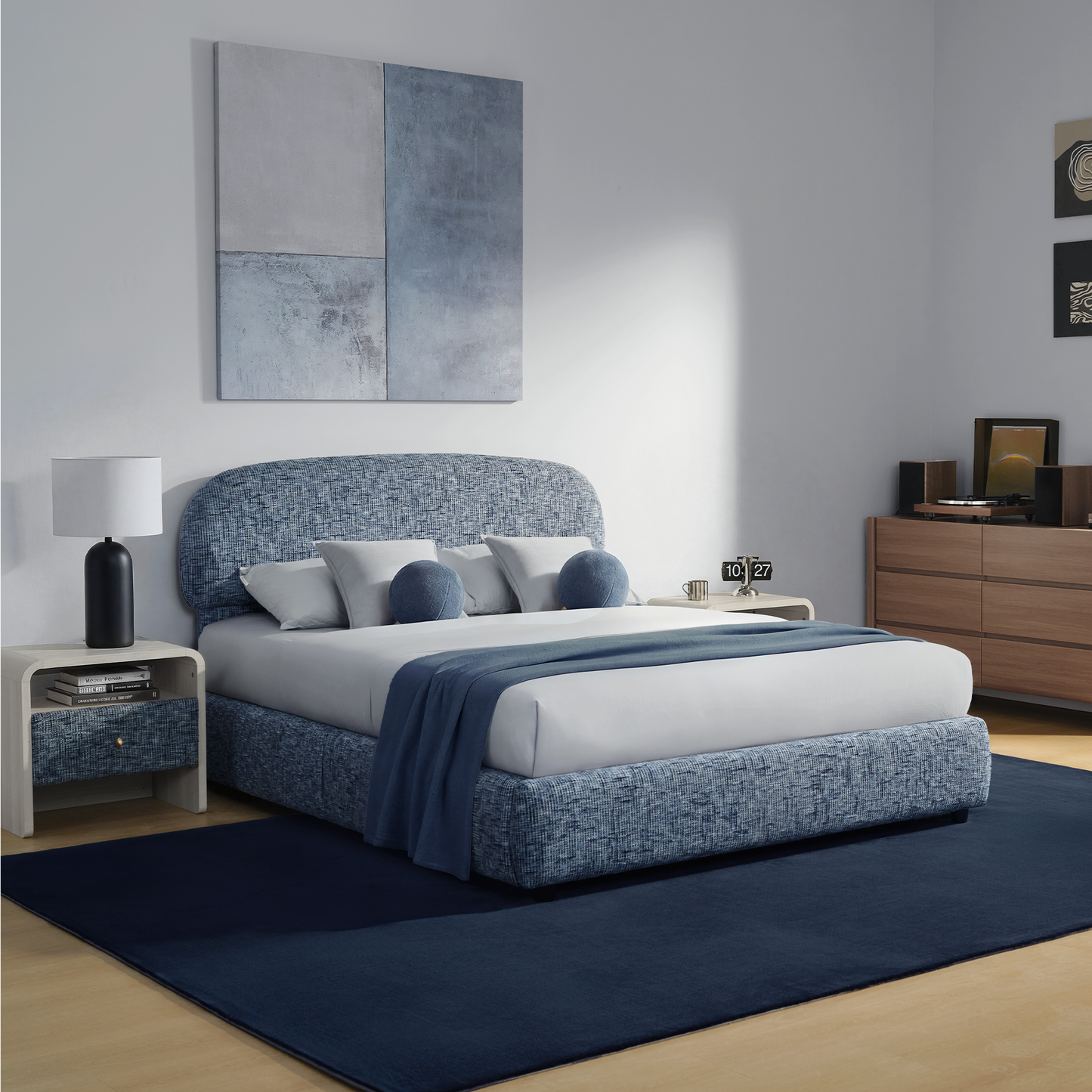 Dione Queen Lift-Up Storage Bed Frame with Curved Headboard, Harbor Depth Blue