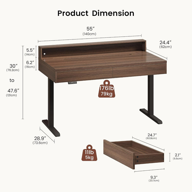 55" Stand Up Desk with Drawers, Flip-Top Hidden Storage, Height Adjustable Desk