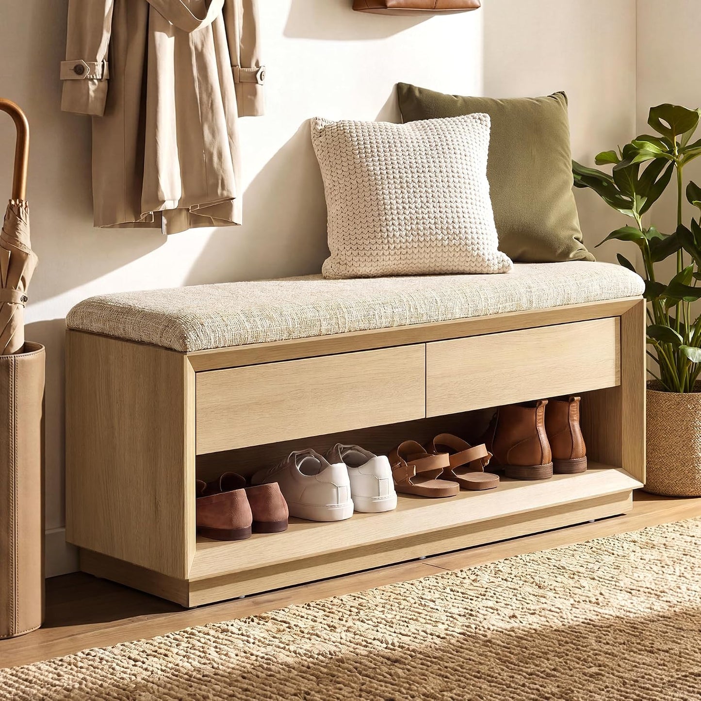 Arlo 40" Wood Shoe Storage Bench, Modern Entryway Bench with Cushion