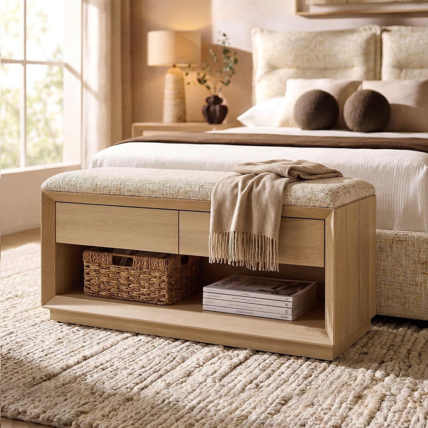 Arlo 40" Wood Shoe Storage Bench, Modern Entryway Bench with Cushion