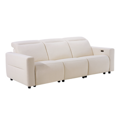 Cream three-seat sofa with boxy arms and segmented cushions, A small control panel is visible on the right arm