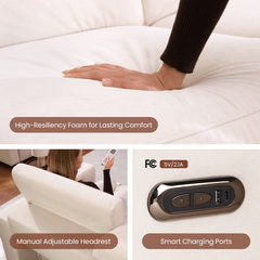 Three-panel graphic shows a hand pressing white upholstery, an adjustable headrest, and control and charging ports