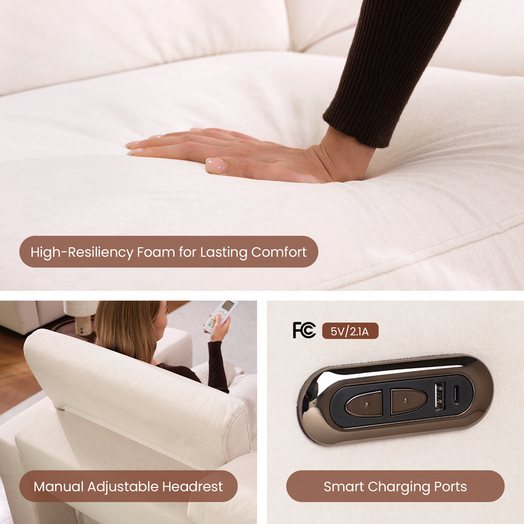 Three-panel graphic shows a hand pressing white upholstery, an adjustable headrest, and control and charging ports