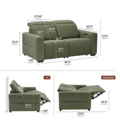Dimension diagram of a green two-seat reclining sofa shown upright, in TV position, and fully reclined.