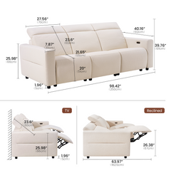 Cream three-seat sofa appears in upright and reclined diagrams, Sofa width is 98.42 inches