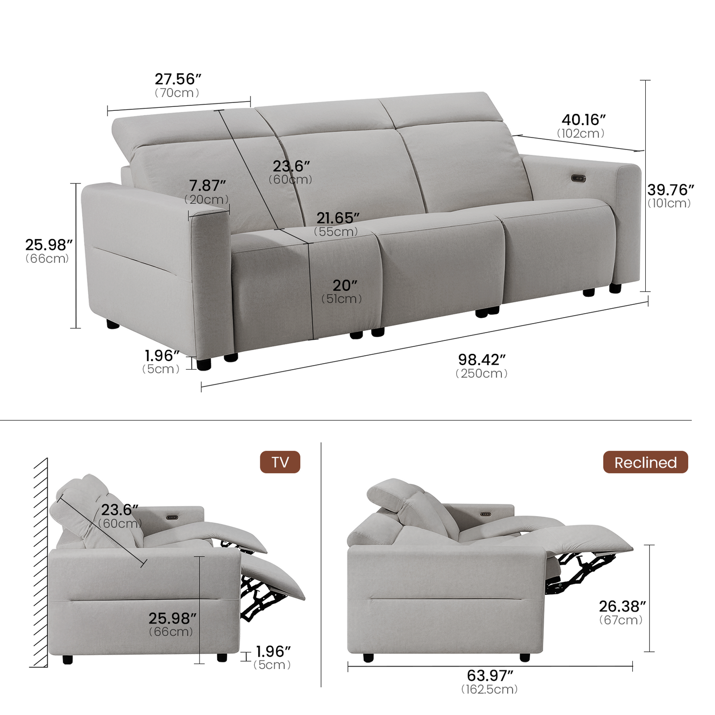 Lodden 96" 3-Seater Power Reclining Sofa with Zero Gravity & USB-C，Grey
