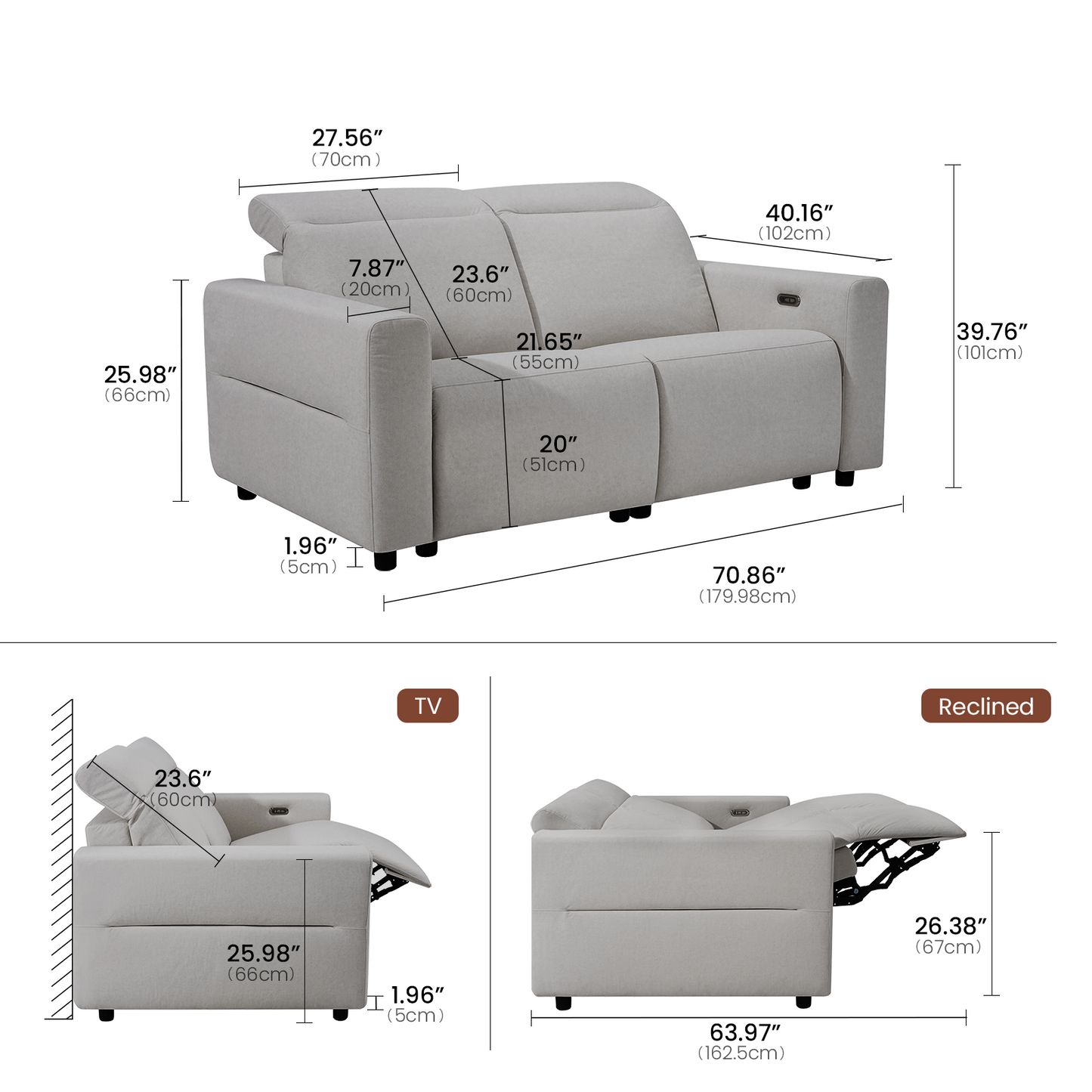 Lodden 68.4" Power Reclining Sofa Loveseat with Zero Gravity & USB-C，Grey
