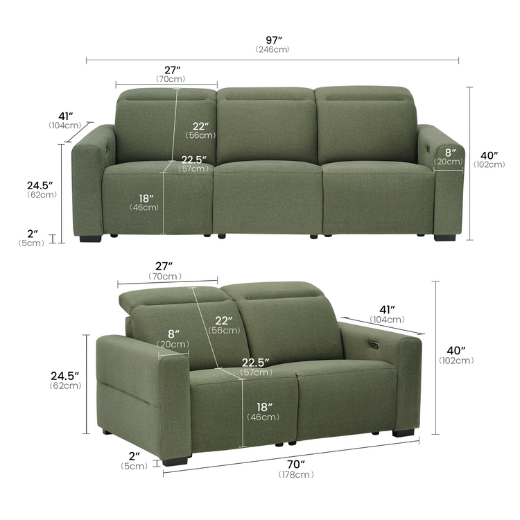 Green three-seat and two-seat sofas with labeled overall, seat, back, arm, and leg dimensions.