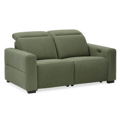 Green upholstered two-seat sofa with padded arms, divided cushions, and side controls.